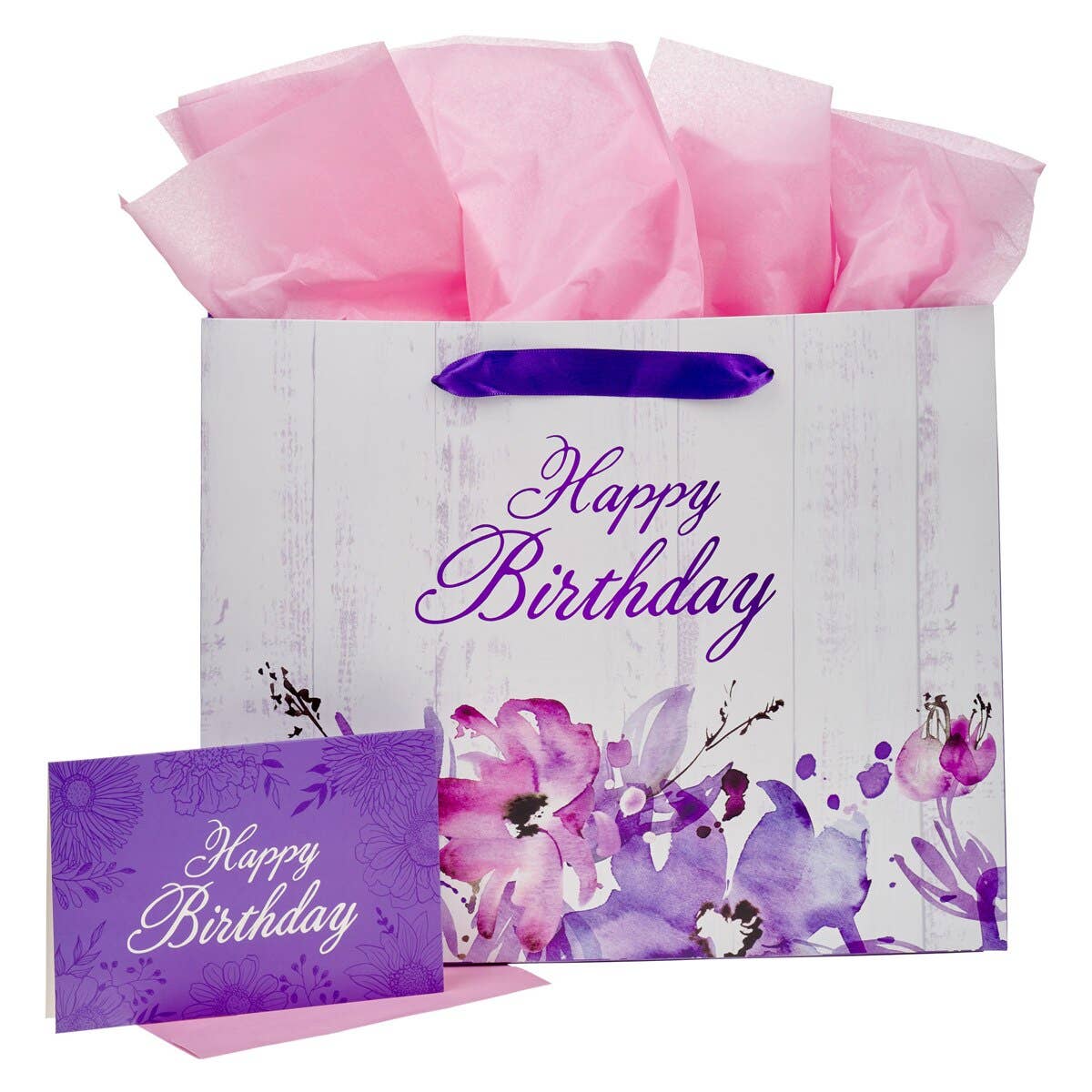 Christian Art Gifts - Happy Birthday Purple Floral Large Landscape Gift Bag and Ca