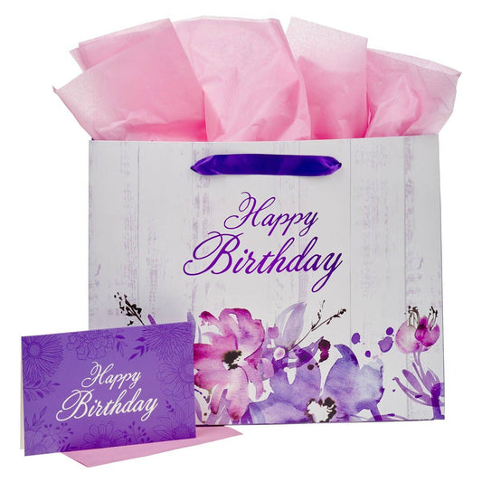 Christian Art Gifts - Happy Birthday Purple Floral Large Landscape Gift Bag and Ca