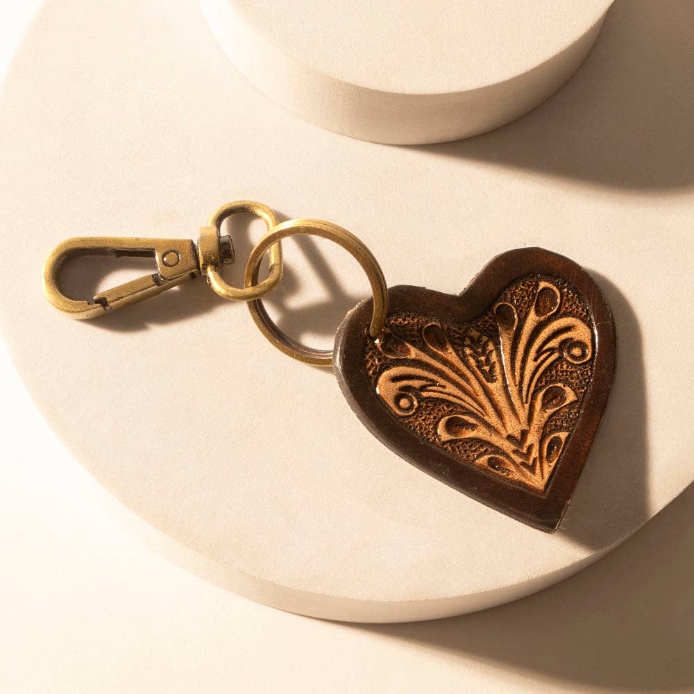 Myra Bag - Carved Heart Western Key Fob in dark brown with handtooled detail