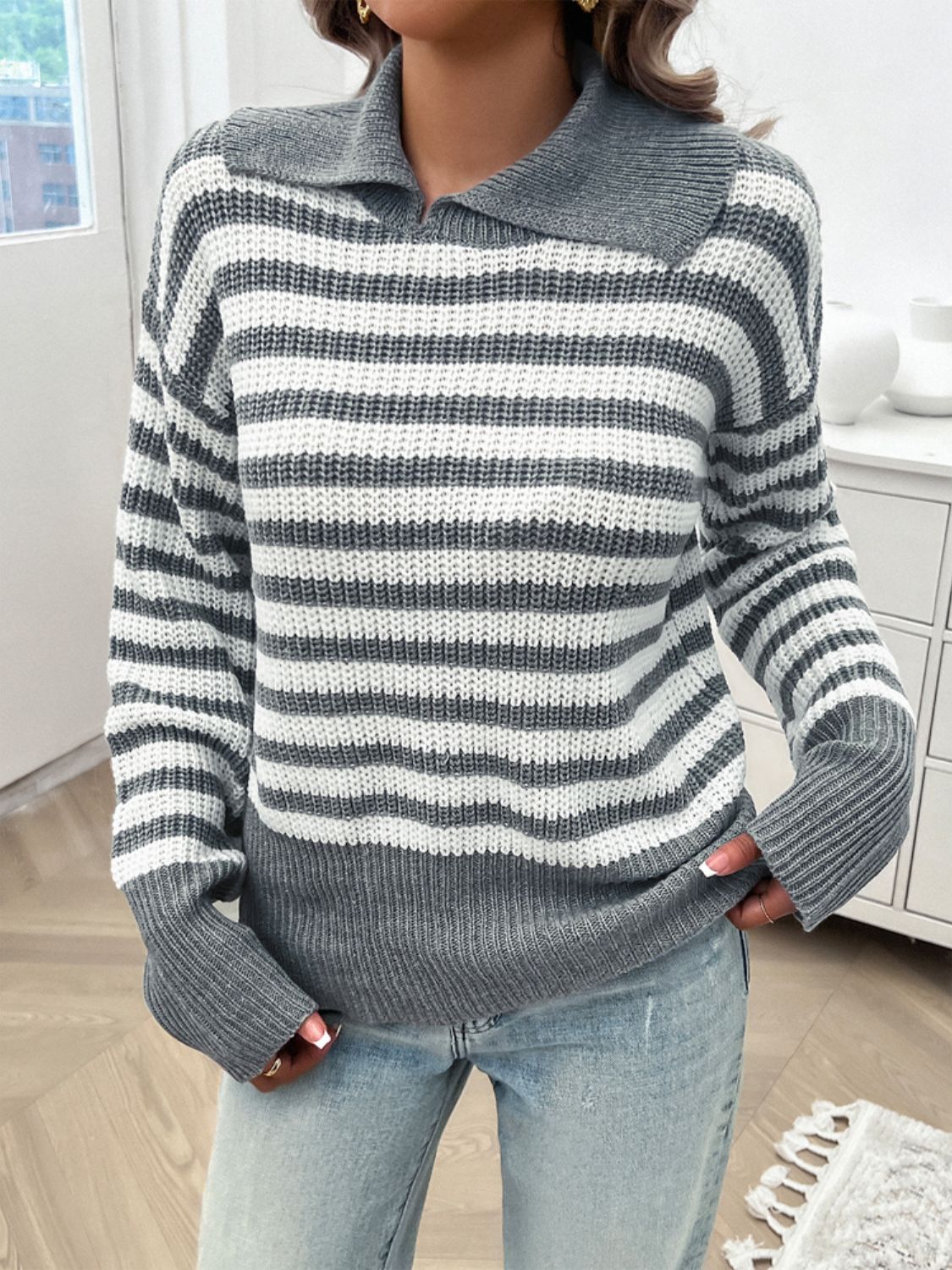 Striped Collared Neck Long Sleeve Sweater