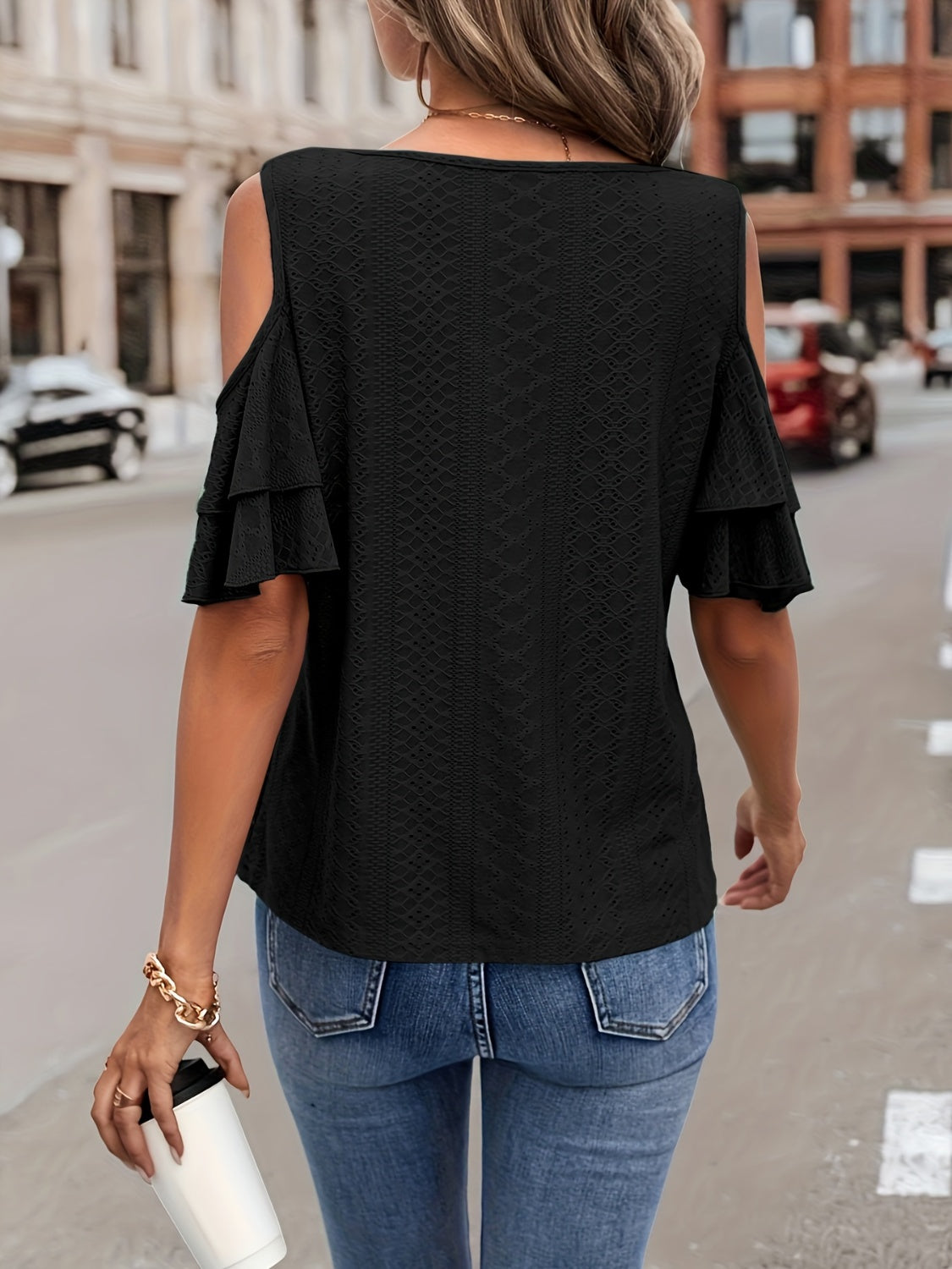 Eyelet V-Neck Cold Shoulder Blouse