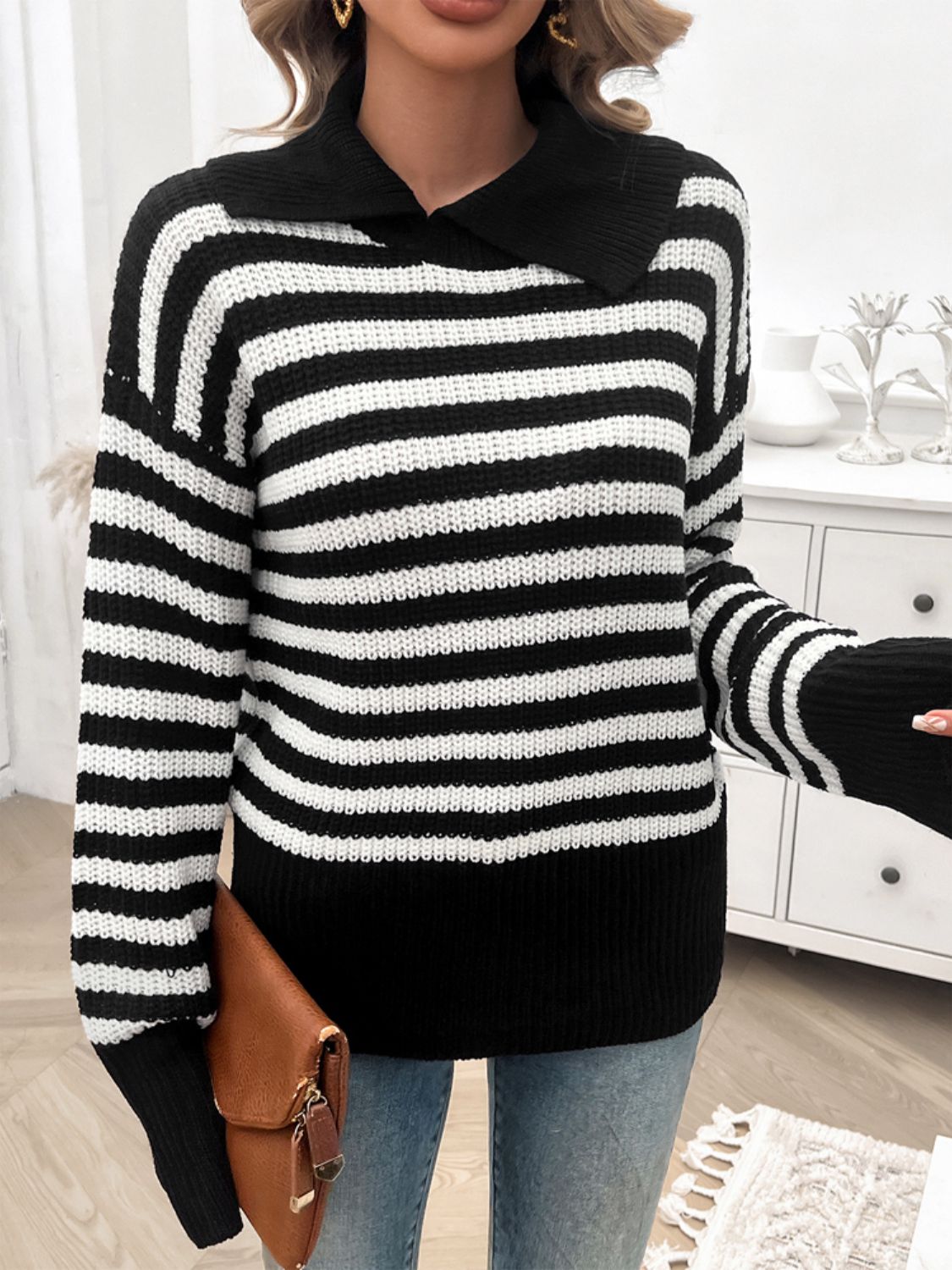 Striped Collared Neck Long Sleeve Sweater