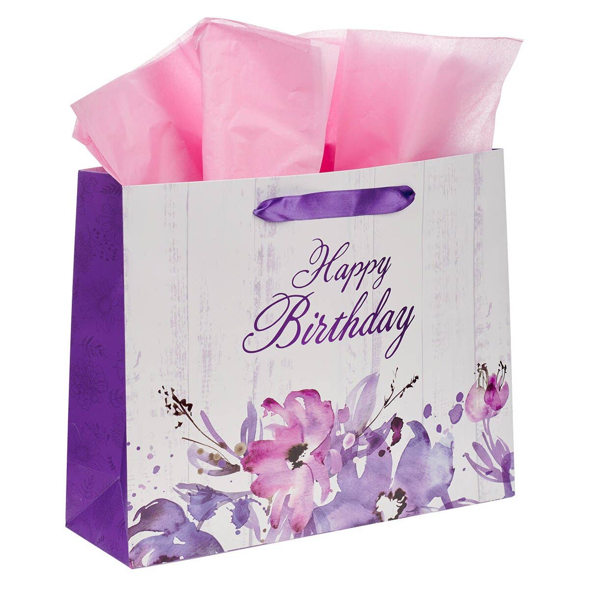 Christian Art Gifts - Happy Birthday Purple Floral Large Landscape Gift Bag and Ca