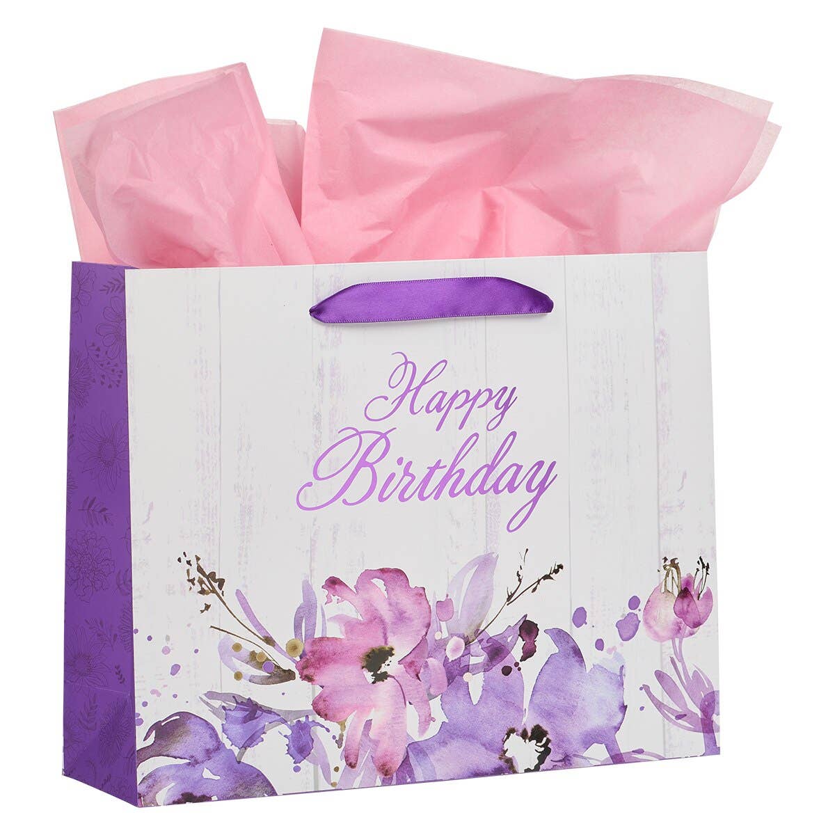 Christian Art Gifts - Happy Birthday Purple Floral Large Landscape Gift Bag and Ca