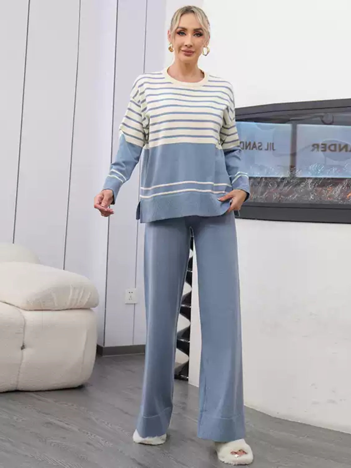 Basic Bae Striped Round Neck Long Sleeve Top and Pants Sweater Set