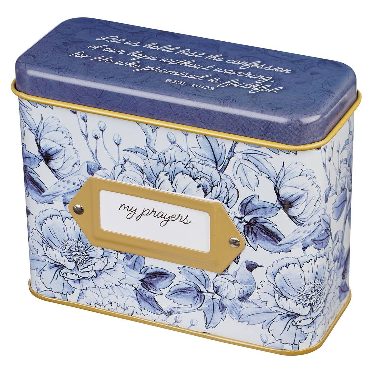 Christian Art Gifts - Cards In Tin Blue Floral My Prayers Hebrews 10:23