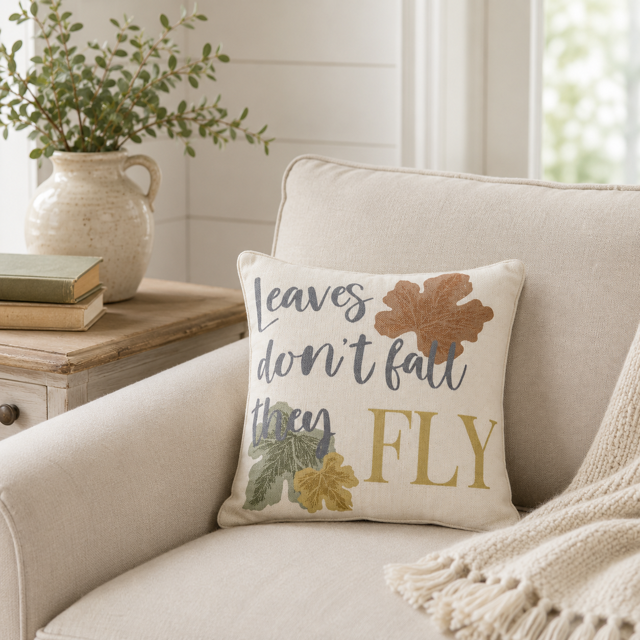 Fall Decor Leaves Don't Fall They Fly Throw Pillow 12x12