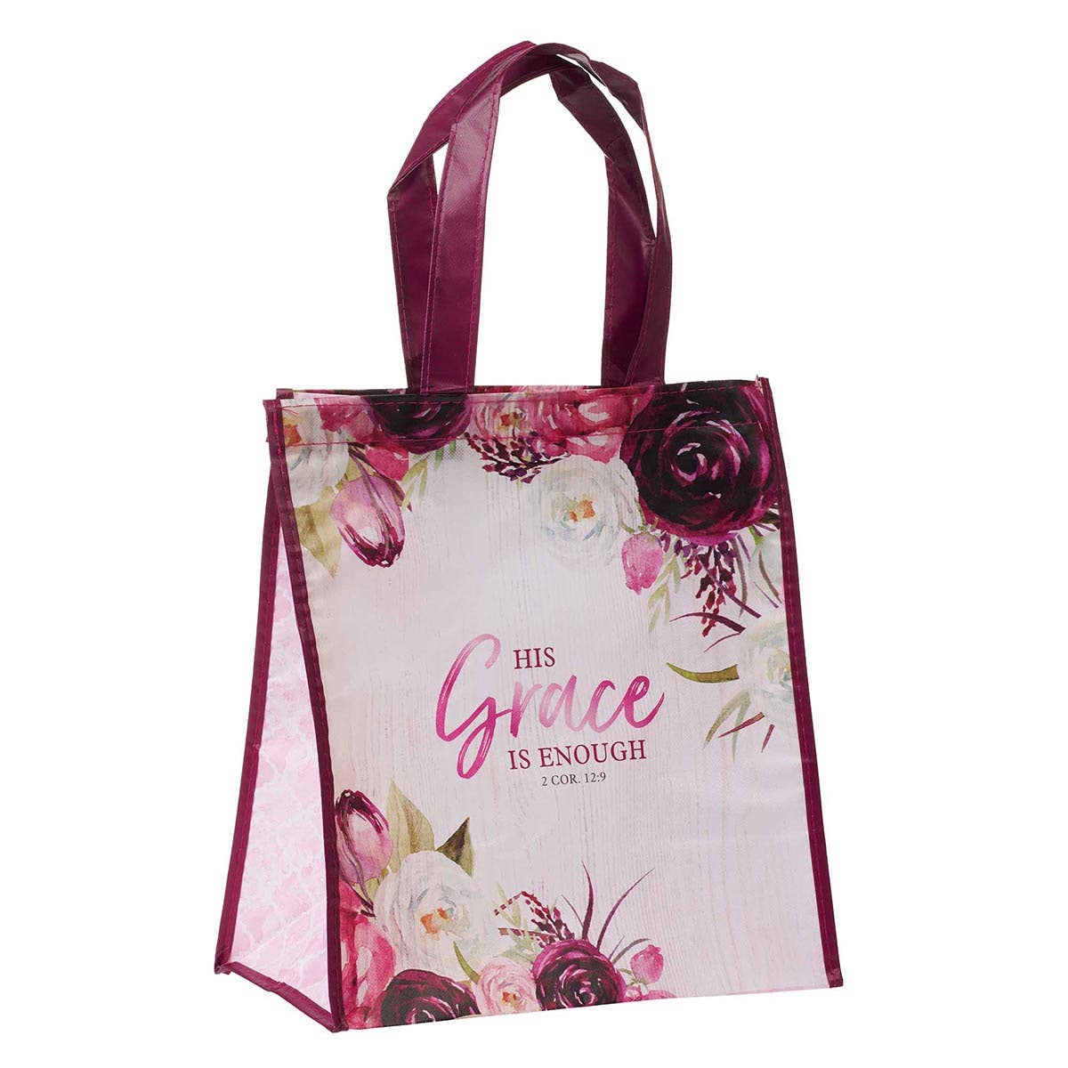 Christian Art Gifts - Tote Burgundy/White Floral Printed His Grace 2 Cor. 12:9