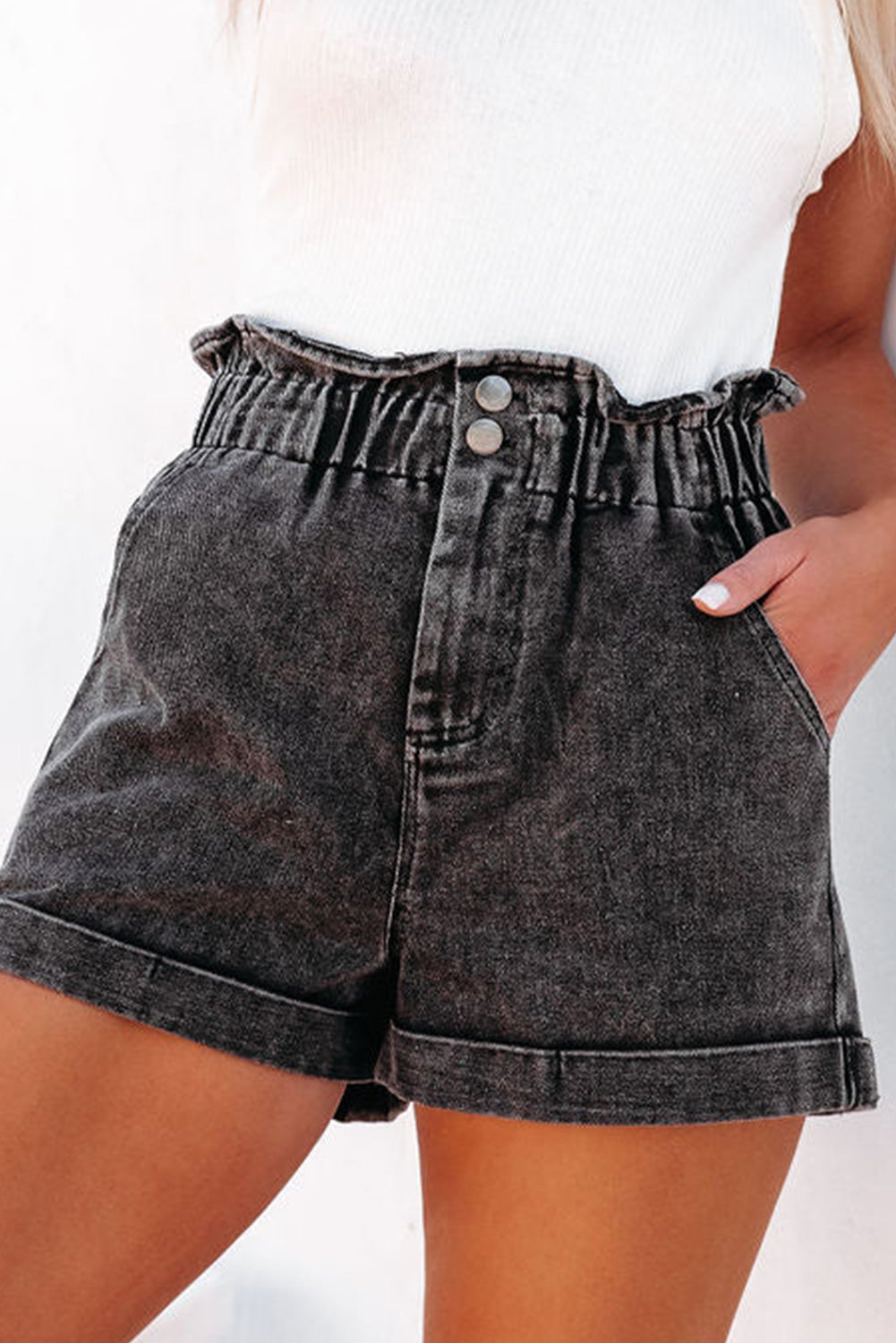 Paperbag Waist Denim Shorts with Pockets