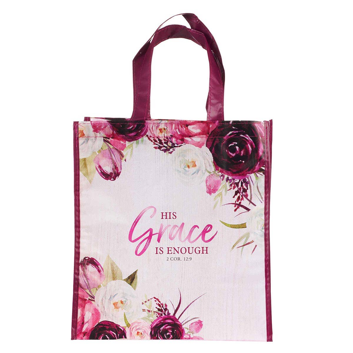Christian Art Gifts - Tote Burgundy/White Floral Printed His Grace 2 Cor. 12:9