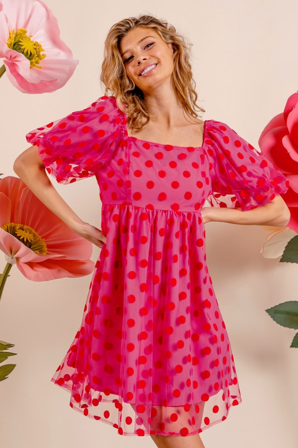 BiBi Polka Dot Mesh Puff Sleeve Dress