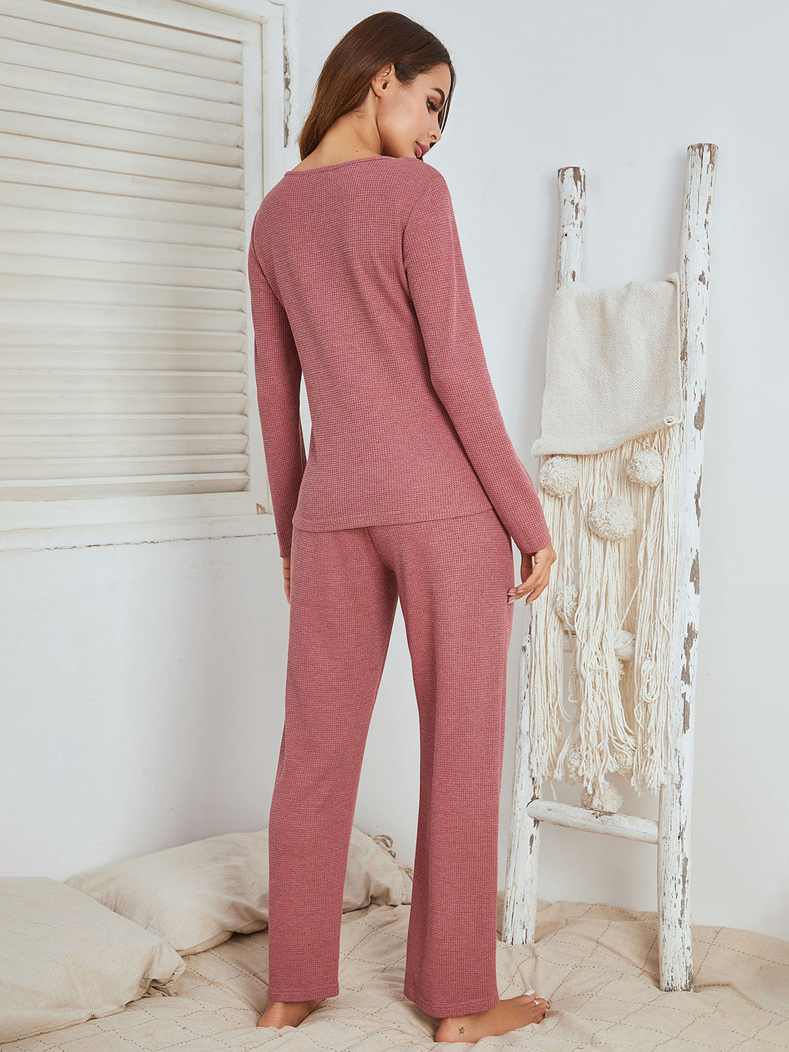 Notched Long Sleeve Top and Pants Set