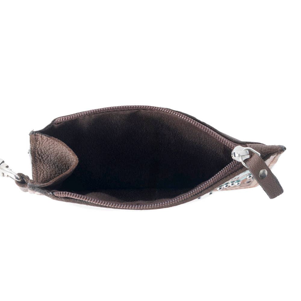 Hand Hewn Western Card Holder for Women in Brown & Turquoise with handtooled detail