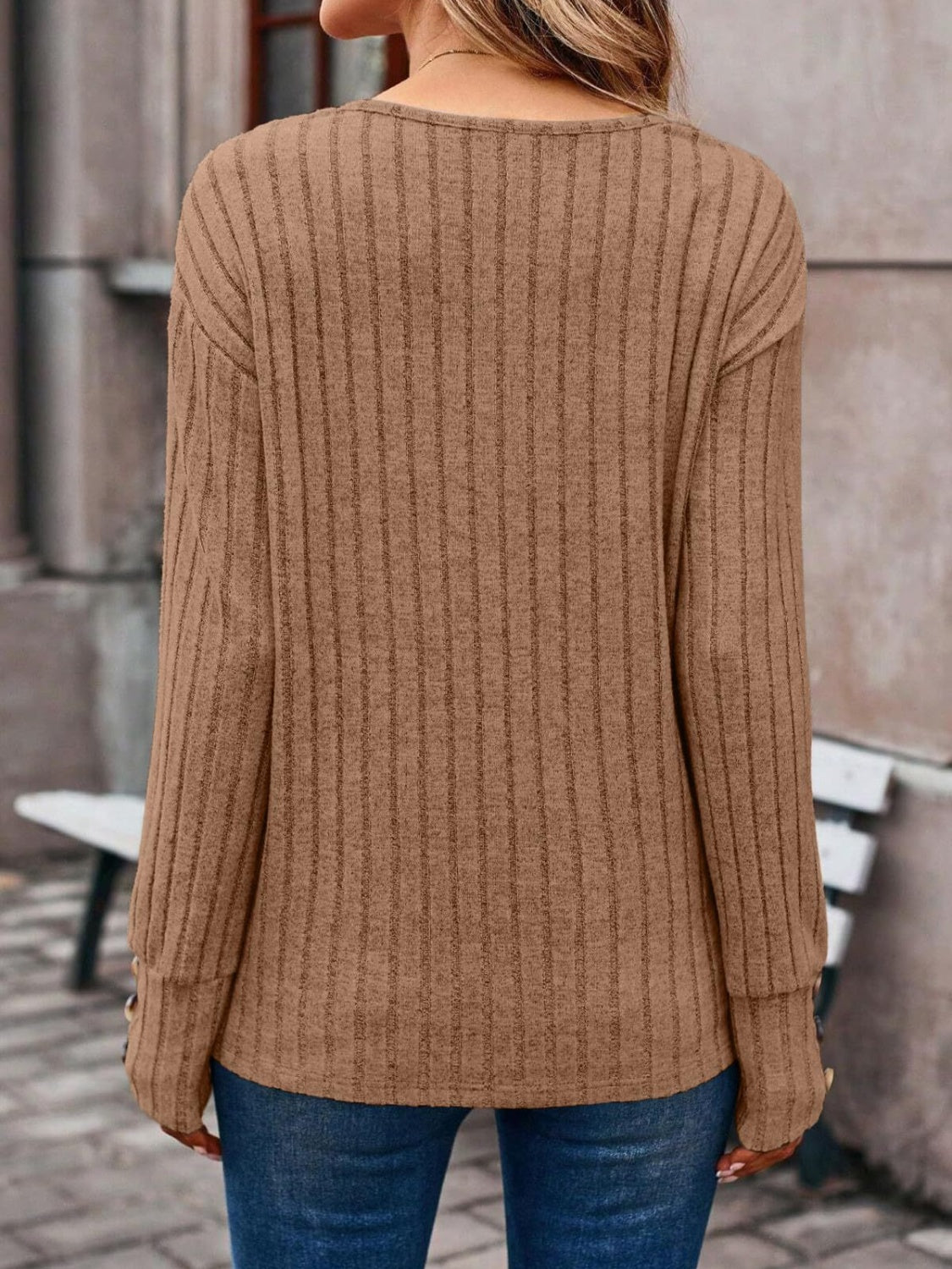 Ribbed V-Neck Long Sleeve T-Shirt