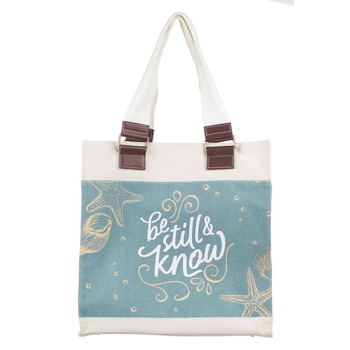 Christian Art Gifts - Tote Canvas White/Blue Shell Printed Be Still & Know