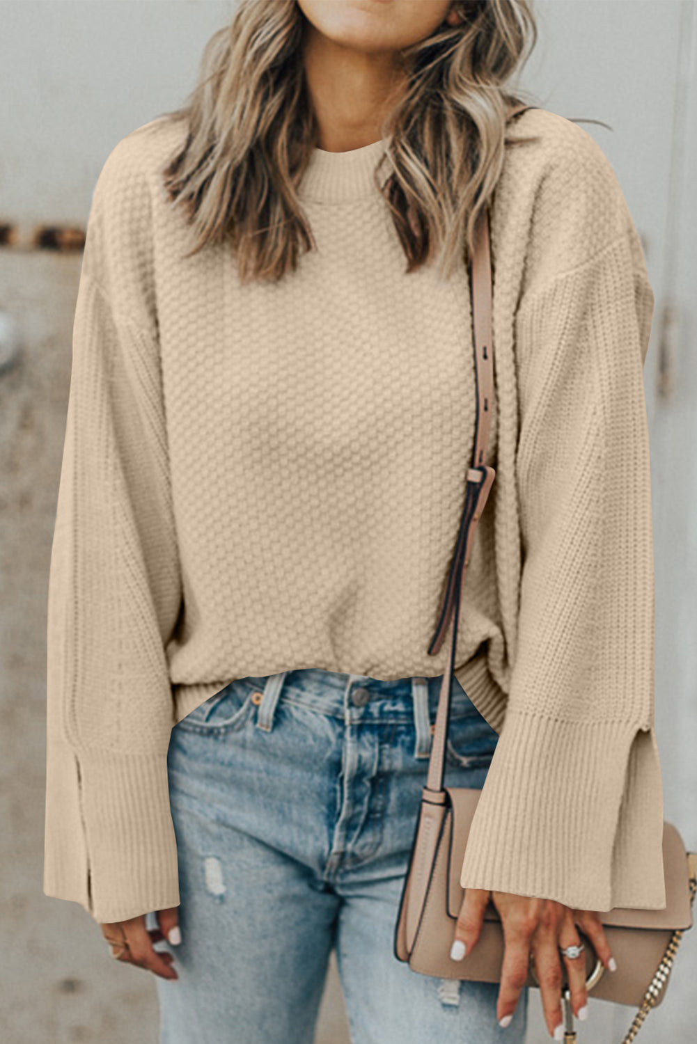 Textured Round Neck Long Sleeve Sweater