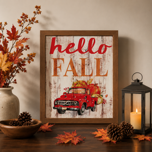 Hello Fall Red Truck Framed Wall Sign 13x11