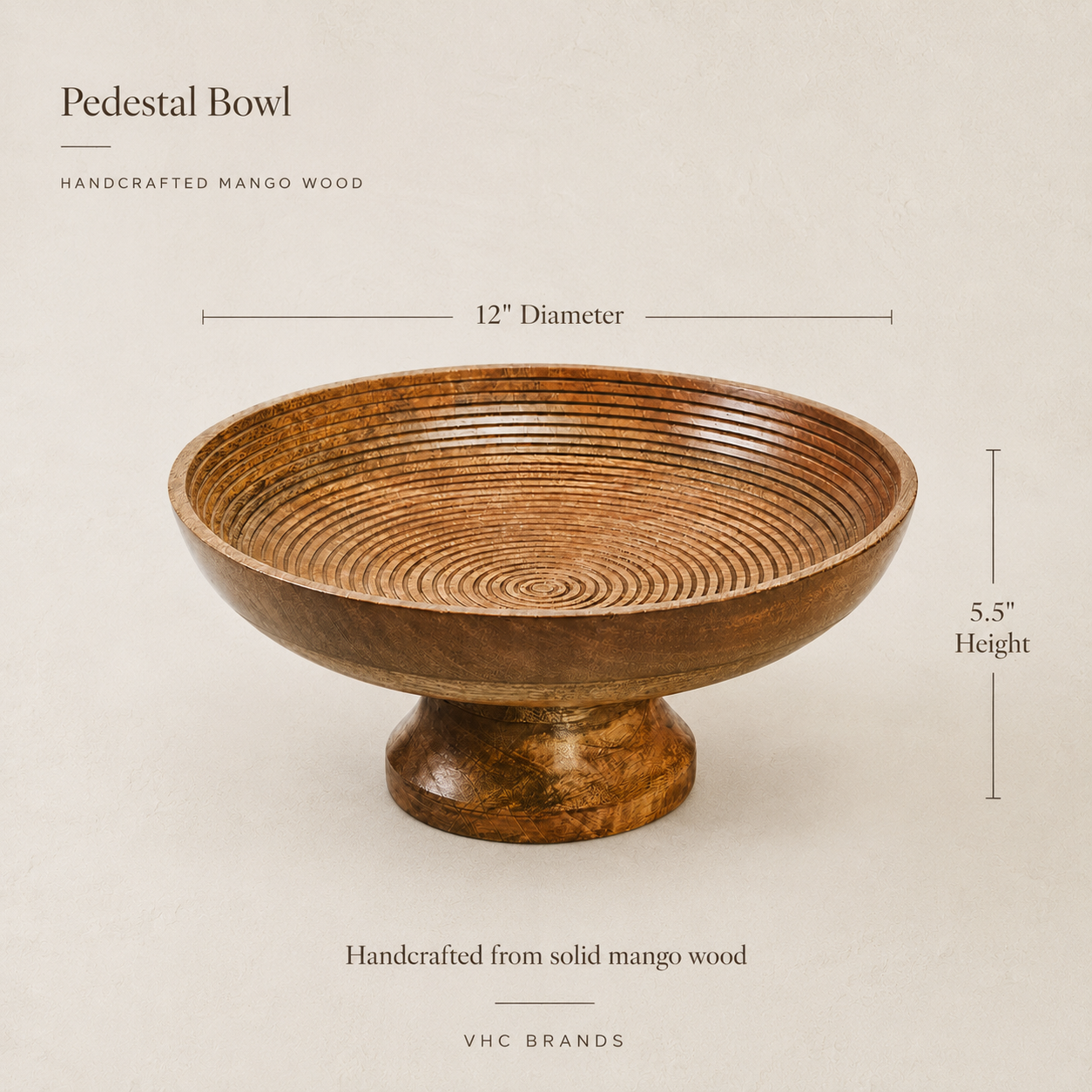 Mango Wood Pedestal Display Bowl 12 Inch Natural
