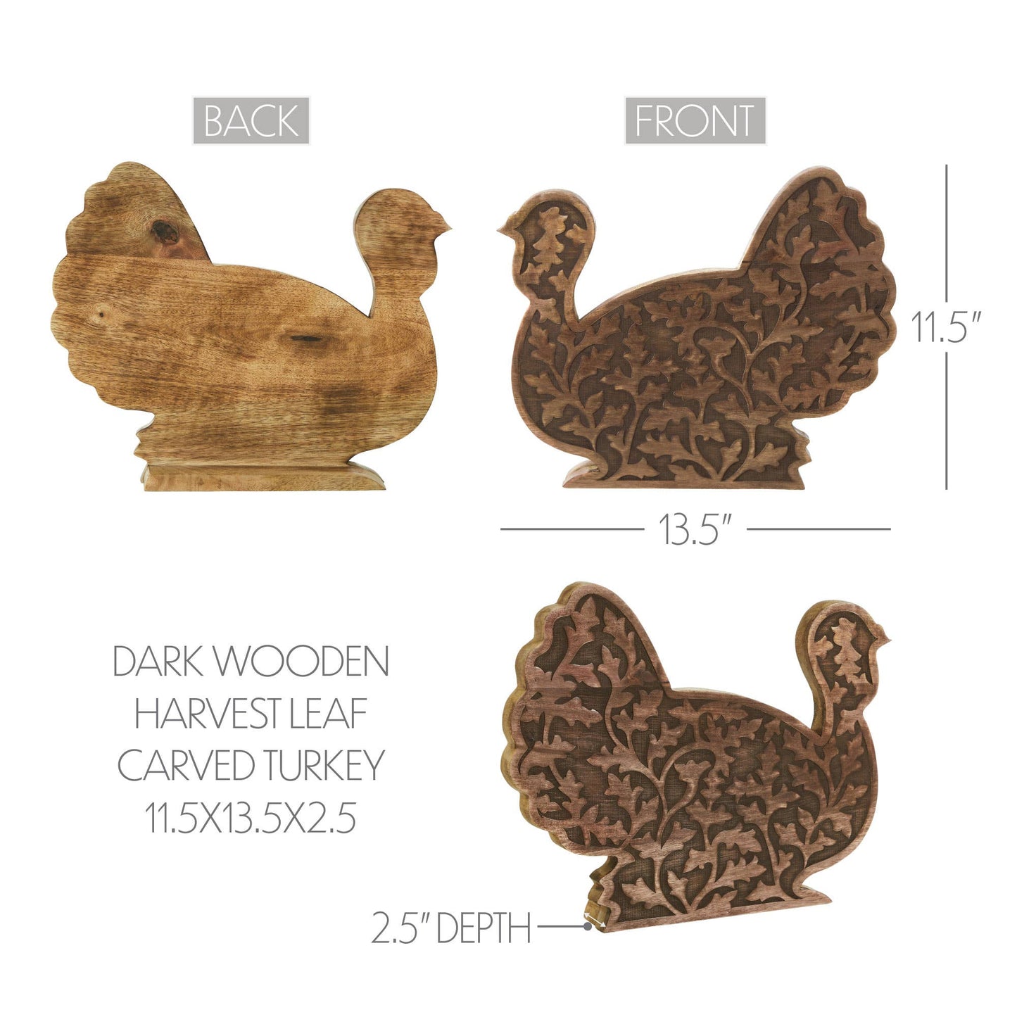 Dark Wood Carved Turkey Figurine 11.5x13.5 Decor
