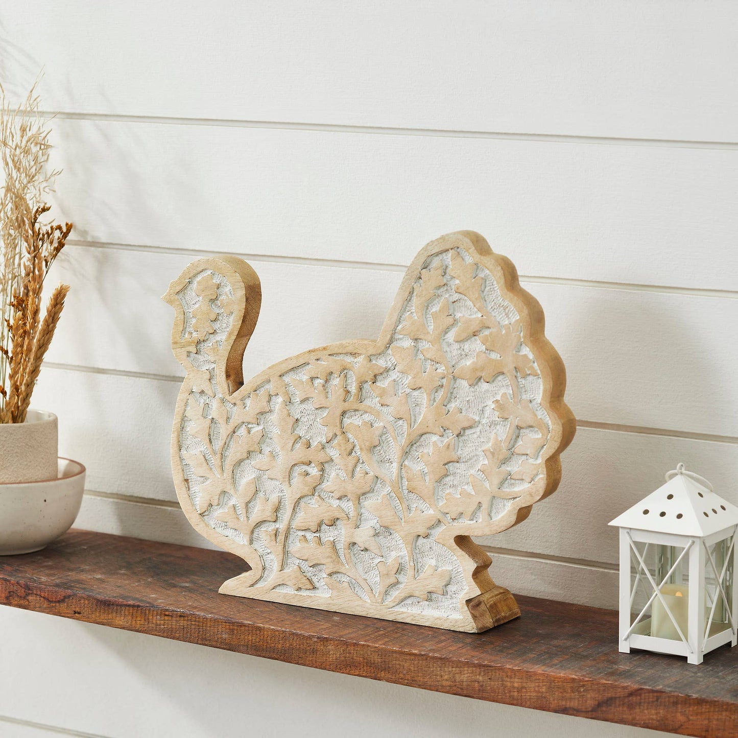 Carved Wood Turkey Figurine 13.5" Thanksgiving Decor