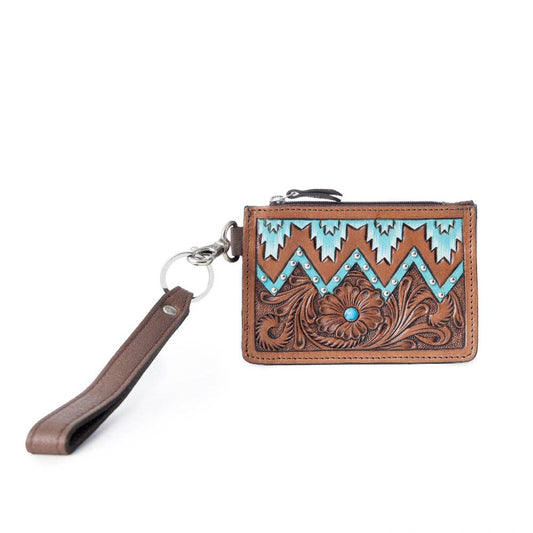 Hand Hewn Western Card Holder for Women in Brown & Turquoise with handtooled detail