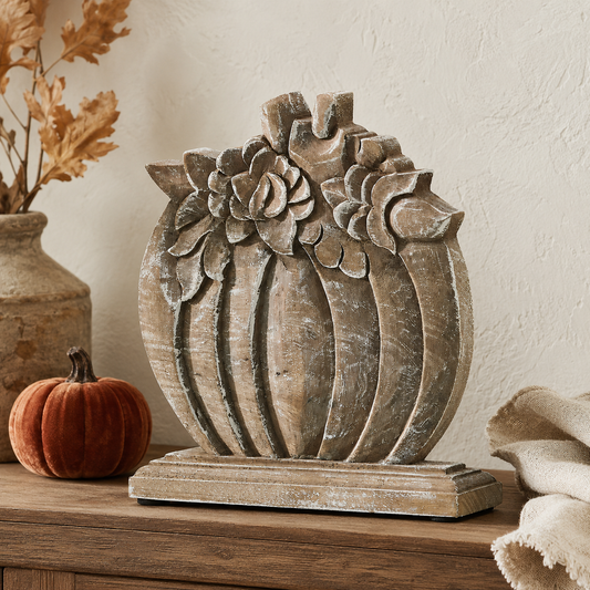 Mango Wood Floral Pumpkin Fall Decor, 8.5" Cottage