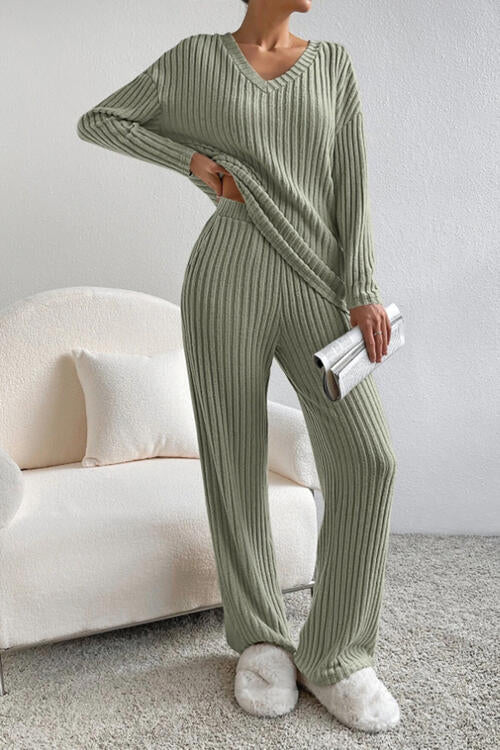 Ribbed V-Neck Top and Pants Set