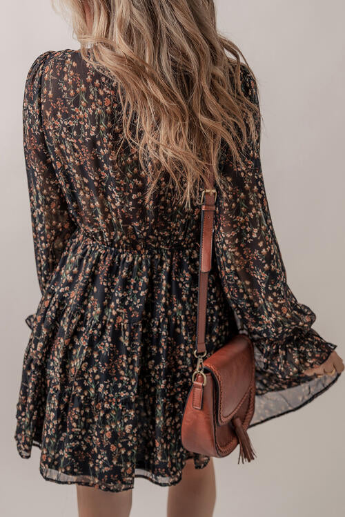 Printed Buttoned V-Neck Flounce Sleeve Dress