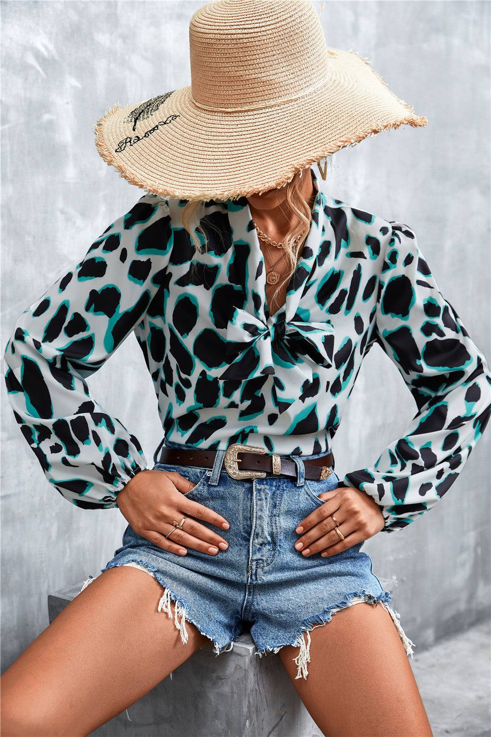 Printed Tie Neck Puff Sleeve Blouse