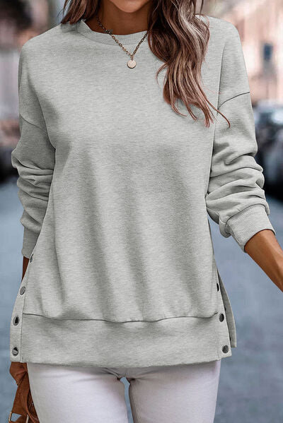 Snap Detail Round Neck Dropped Shoulder Sweatshirt