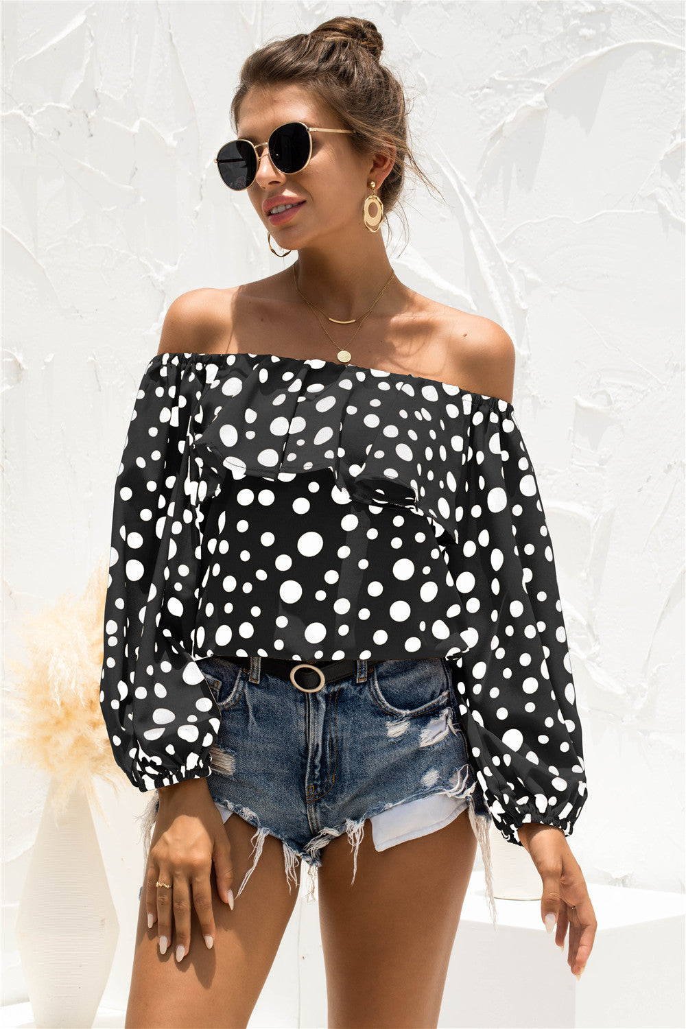 Polka Dot Off-Shoulder Layered Blouse