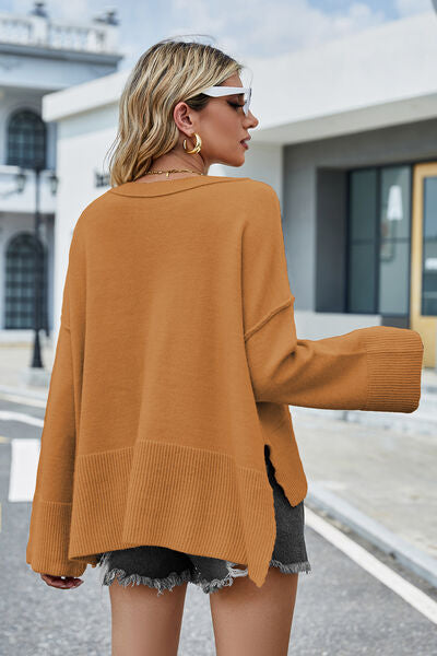 High-Low Slit Round Neck Long Sleeve Sweater