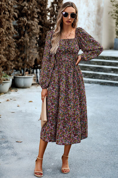 Printed Balloon Sleeve Pocketed Midi Dress