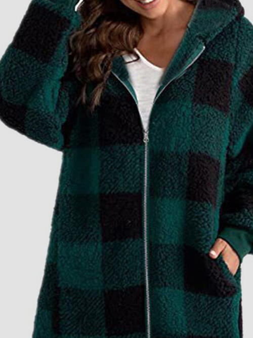 Plaid Zip Up Hooded Jacket with Pockets