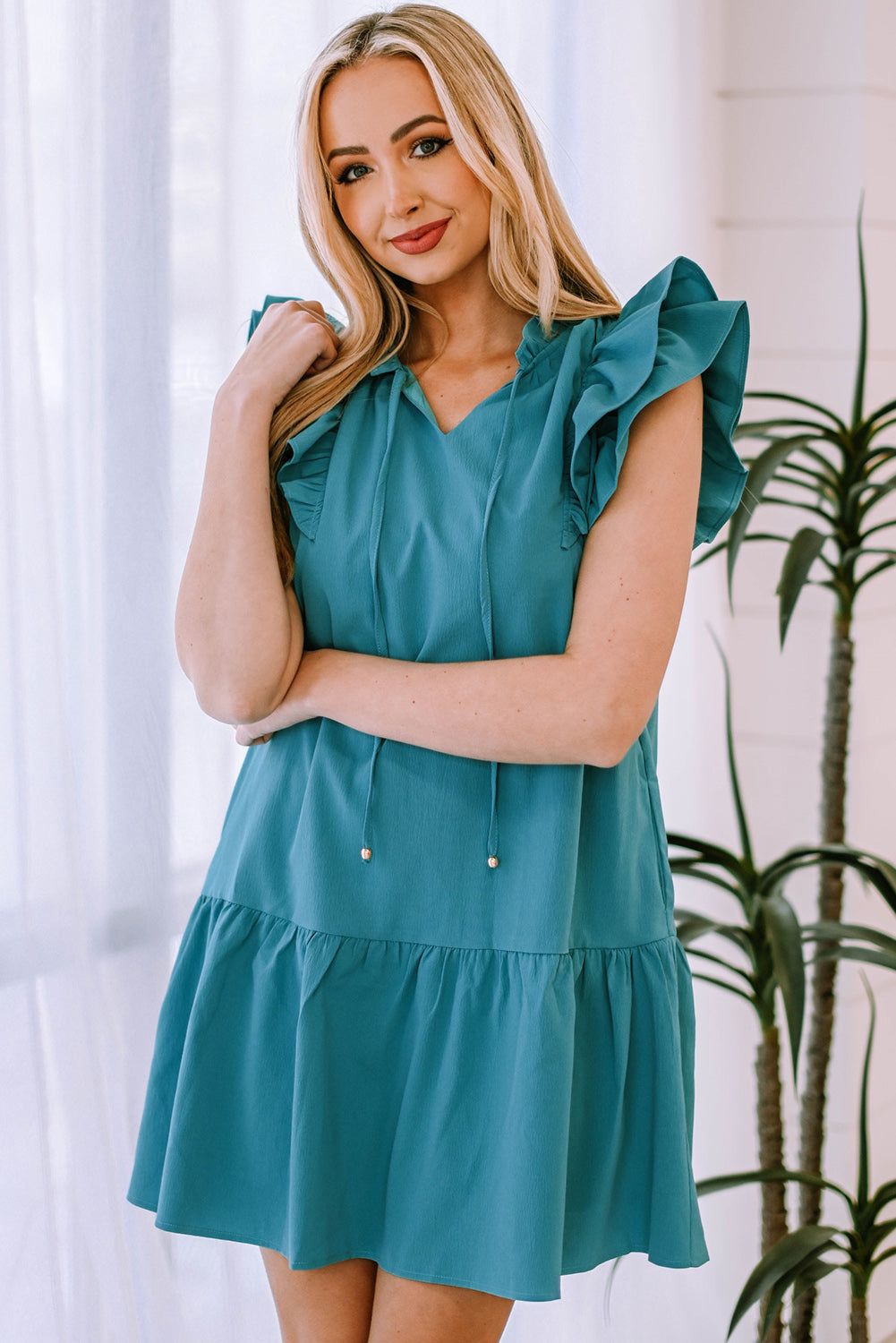 Ruffle Shoulder Tie-Neck Tiered Dress