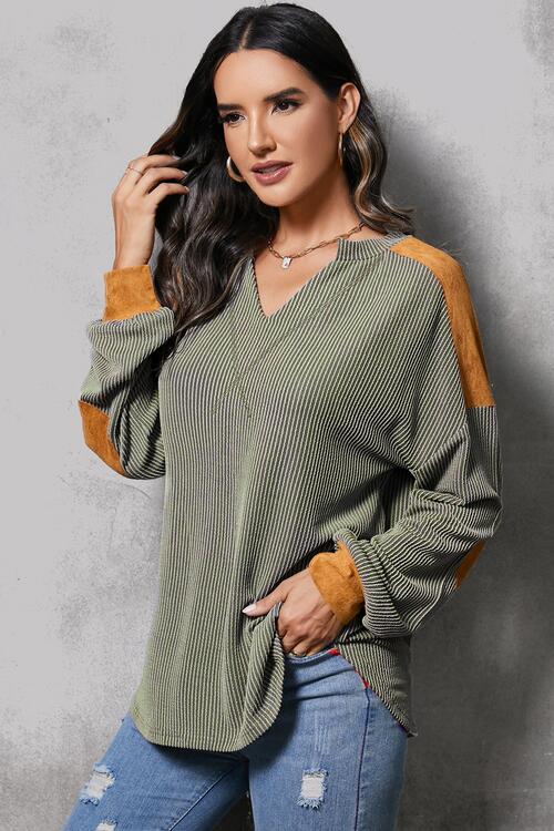 Striped Notched Long Sleeve Blouse